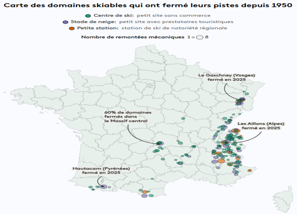 Carte des domaines skiables qui ont fermé leurs pistes depuis 1950. @Pierre-Alexandre Metral (Université de Grenoble)