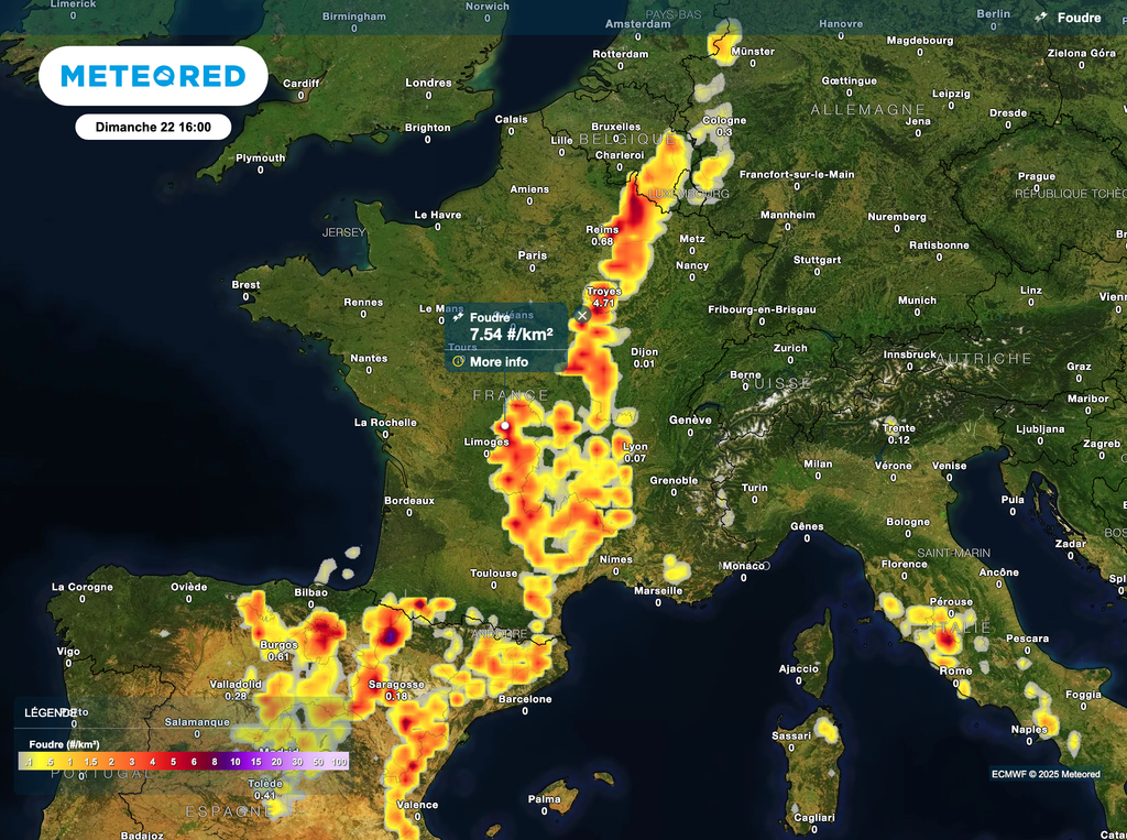 Selon le modèle européen, des orages sont à prévoir entre le sud-ouest (Pyrénées) et nord-est dimanche. Selon le modèle européen, des orages sont à prévoir entre le sud-ouest (Pyrénées) et nord-est dimanche.