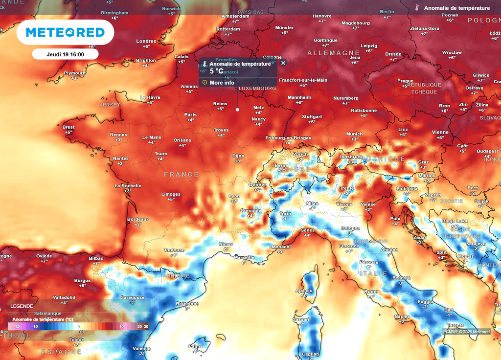 Jeudi après-midi, la douceur sera encore bien présente sur tout le pays, en moyenne 2 à 5°C au-dessus des normales, sauf près de la Méditerranée.