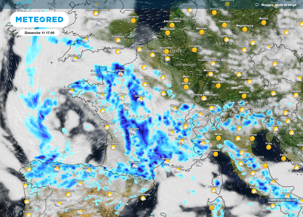 Nébulosité et précipitations dimanche après-midi