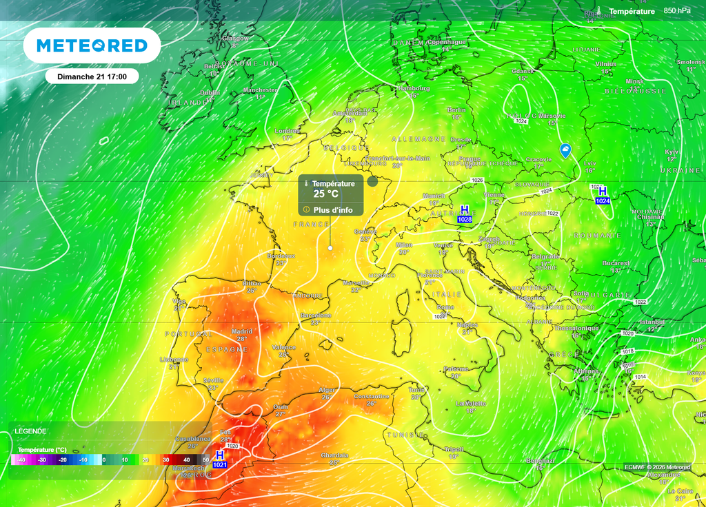 Masse d'air dimanche après-midi Cette carte vous montre la température de la masse d'air à 850hPa, c'est-à-dire à 1500m d'altitude : des valeurs proches de 25°C pourraient être relevées dimanche sur la moitié Sud.