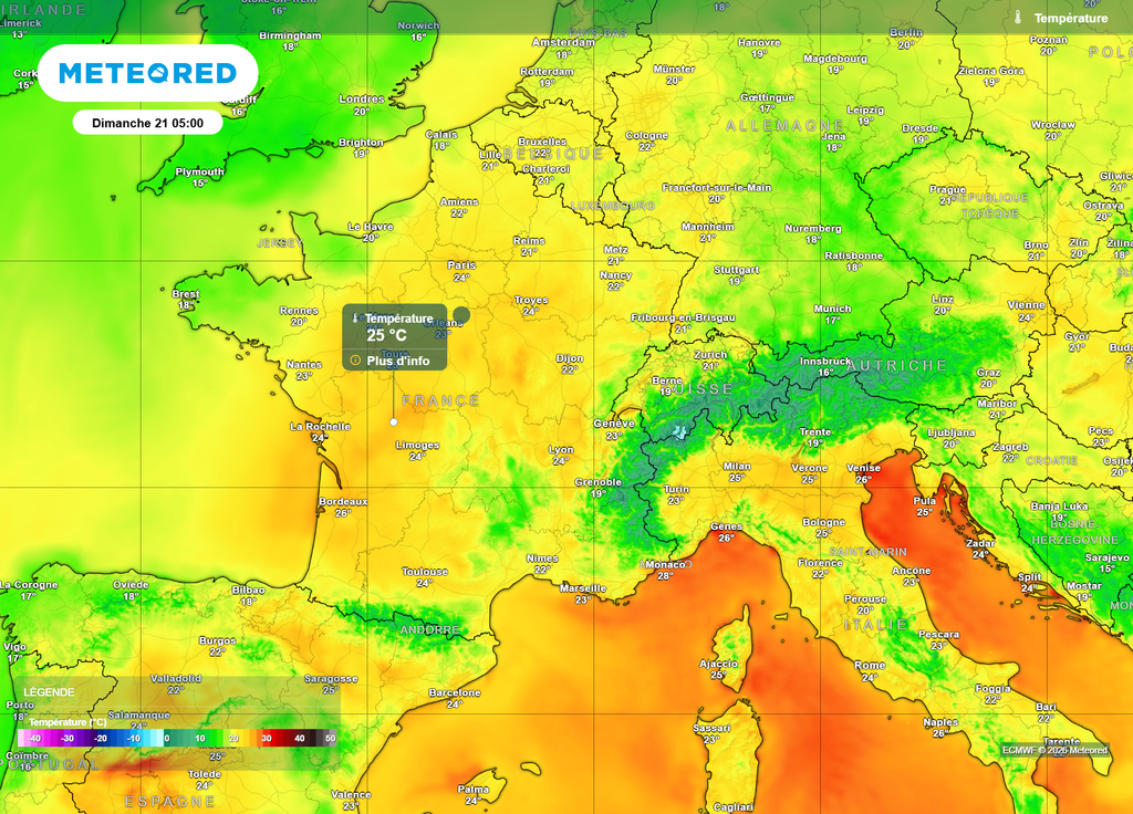 Températures dimanche matin Dimanche, avant le lever du soleil, le seuil de chaleur de 25°C sera encore localement dépassé dans plusieurs régions de l'Ouest.