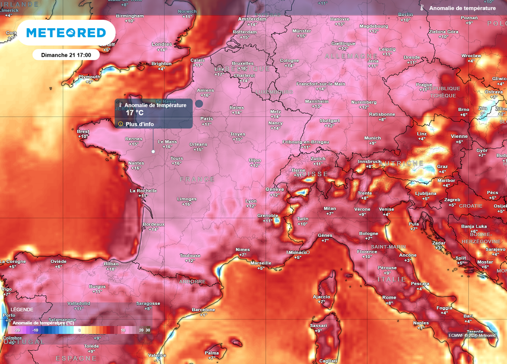 Anomalie de températures dimanche après-midi Dimanche après-midi, les températures évolueront souvent 12 à 17°C au-dessus des normales de saison, des niveaux incroyables !