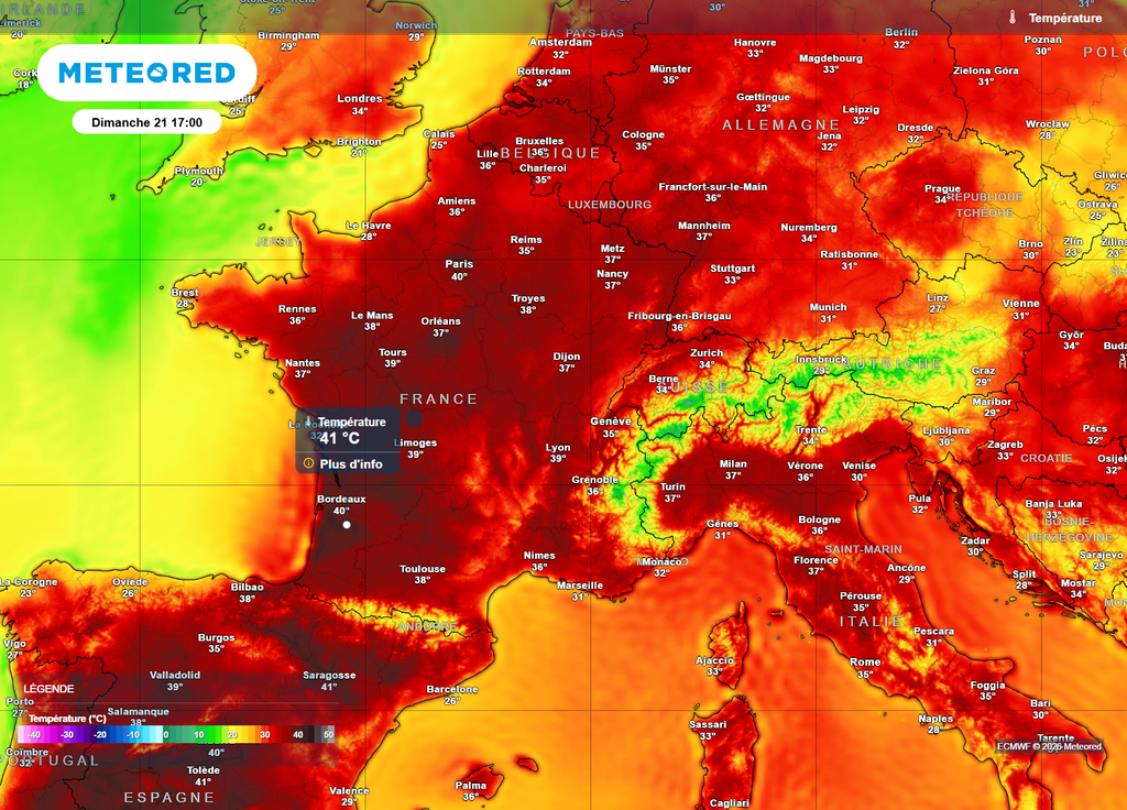 Températures dimanche après-midi Dimanche après-midi, nos modélisations prévoient des pointes à 41°C vers la Gironde, les Landes et même la Sologne.