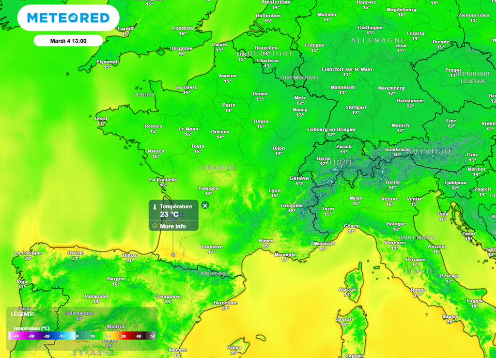 Mardi après-midi, les 25°C seront localement approchés dans le sud-ouest. Mardi après-midi, les 25°C seront localement approchés dans le sud-ouest.