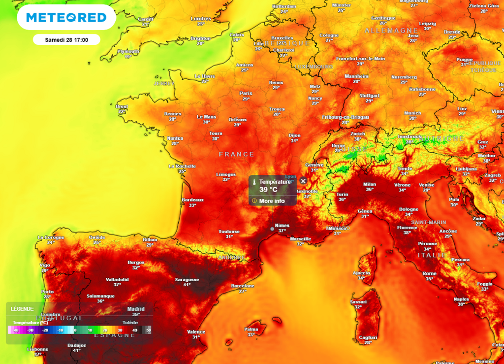 Samedi après-midi, des pointes à près de 40°C seront encore possibles dans les départements méditerranéens. Samedi après-midi, des pointes à près de 40°C seront encore possibles dans les départements méditerranéens.