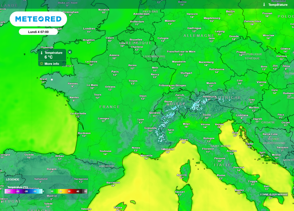 Ce lundi matin, c'est en Bretagne et dans les vallées du Massif Central qu'il devrait faire le plus frais, avec des valeurs descendant autour de 6°C.