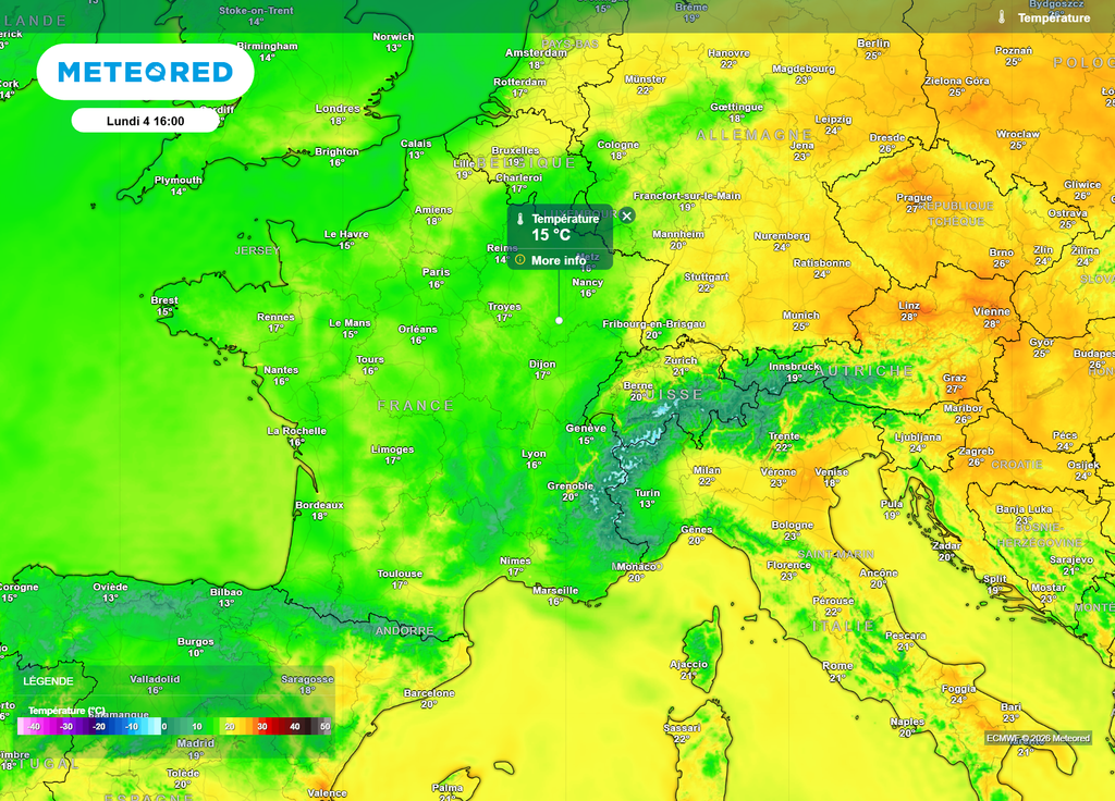 Dans l'après-midi de ce lundi, il sera très compliqué de dépasser les 20°C, sauf localement vers le Roussillon, la Corse et la plaine d'Alsace.