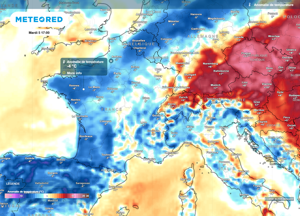 Mardi après-midi, les températures évolueront souvent à l'Ouest 2 à 5°C en-dessous des moyennes de saison.