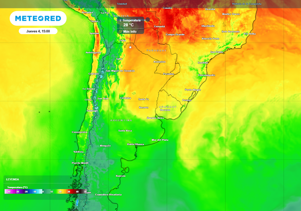 Comenzó el invierno meteorológico, pero el norte llega a los 28 °C. Créditos: Modelo ECMWF.