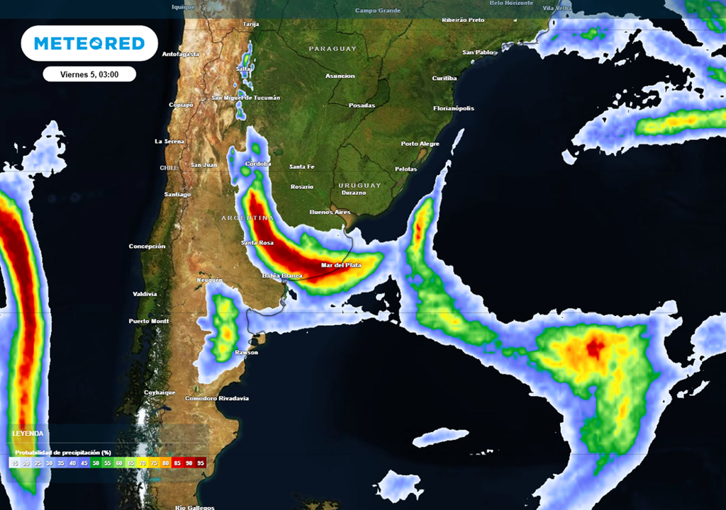 Vuelven las alertas SMN por tormentas a la región central entre el jueves 4 y viernes 5 de junio, Probabilidad de PP para la madrugada del viernes. Créditos: Modelo ECMWF.