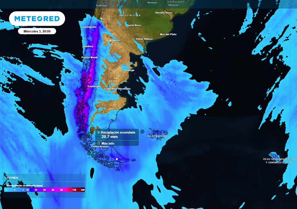 Precipitación acumulada estimada hasta el miércoles 3 por la noche para Tierra del Fuego, bajo alerta SMN por lluvias persistentes. Créditos: Modelo ECMWF