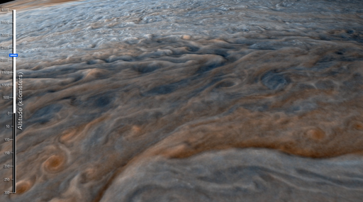 Viajando y descendiendo por la Gran Mancha Roja de J&uacute;piter a partir de datos de la nave espacial Juno
