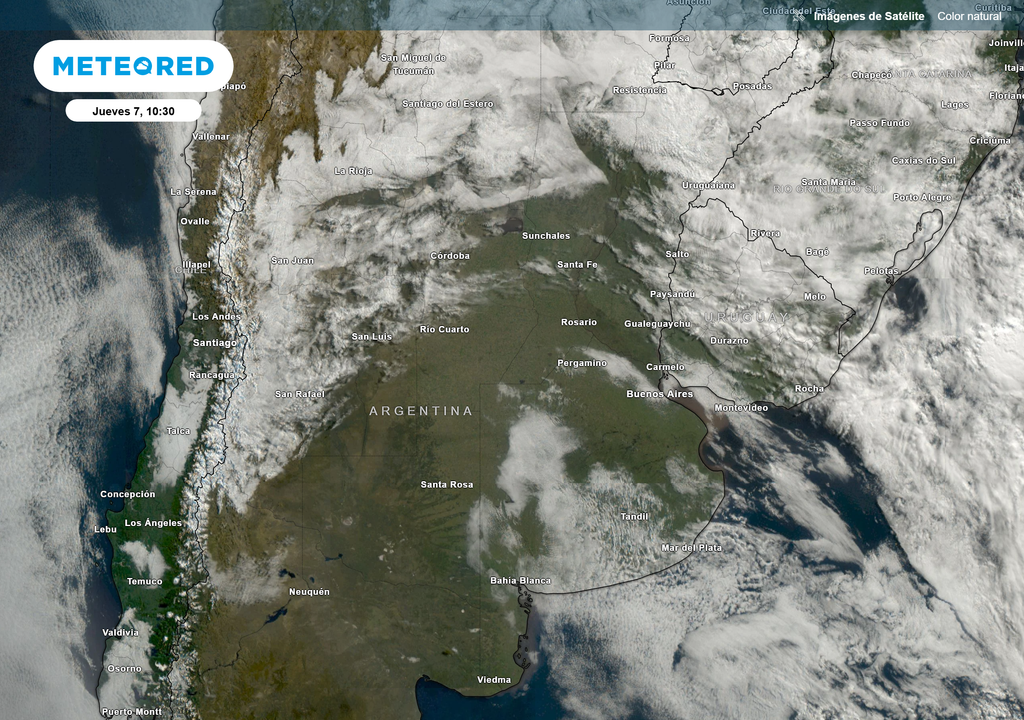 Imagen combinación de canales color natural del satélite GOES 19 del jueves 7 de Agosto a las 10:30 h