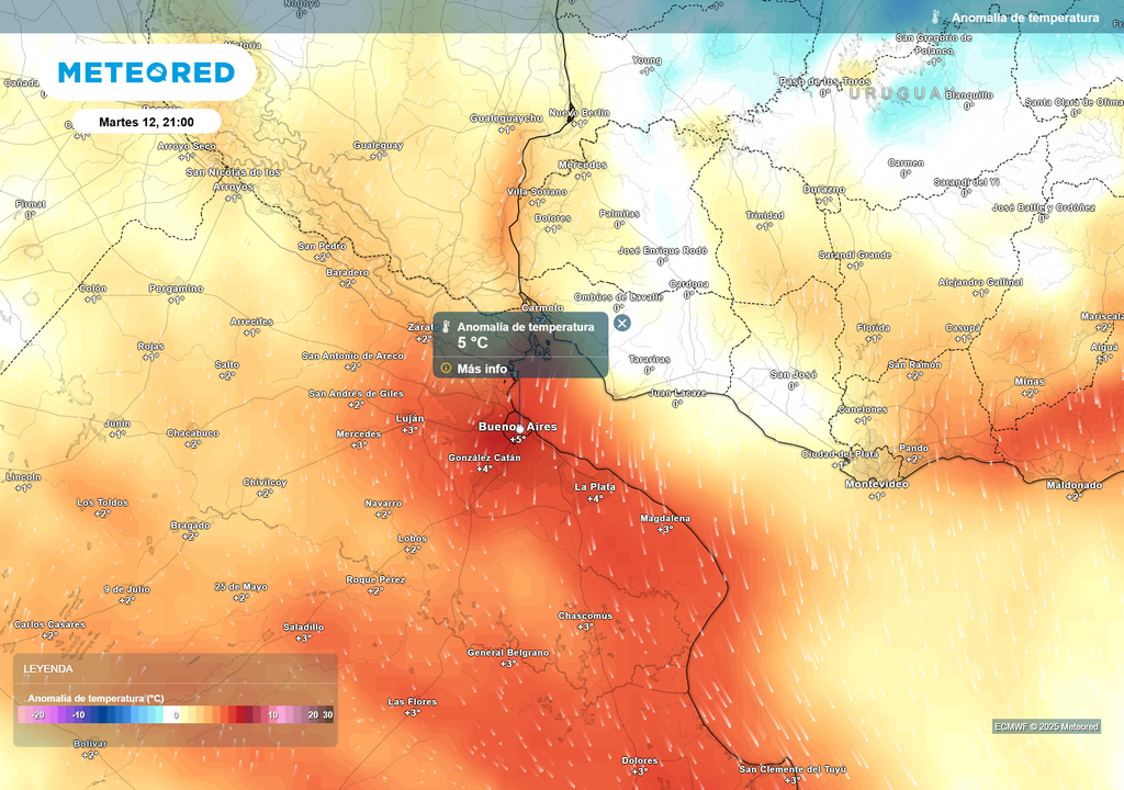 Anomalías de temperatura para el día martes 12 de Agosto de 2025, según el modelo ECMWF