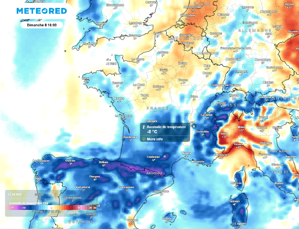 Dimanche après-midi, c'est dans la moitié sud où les températures seront les plus basses par rapport aux normales de saison.