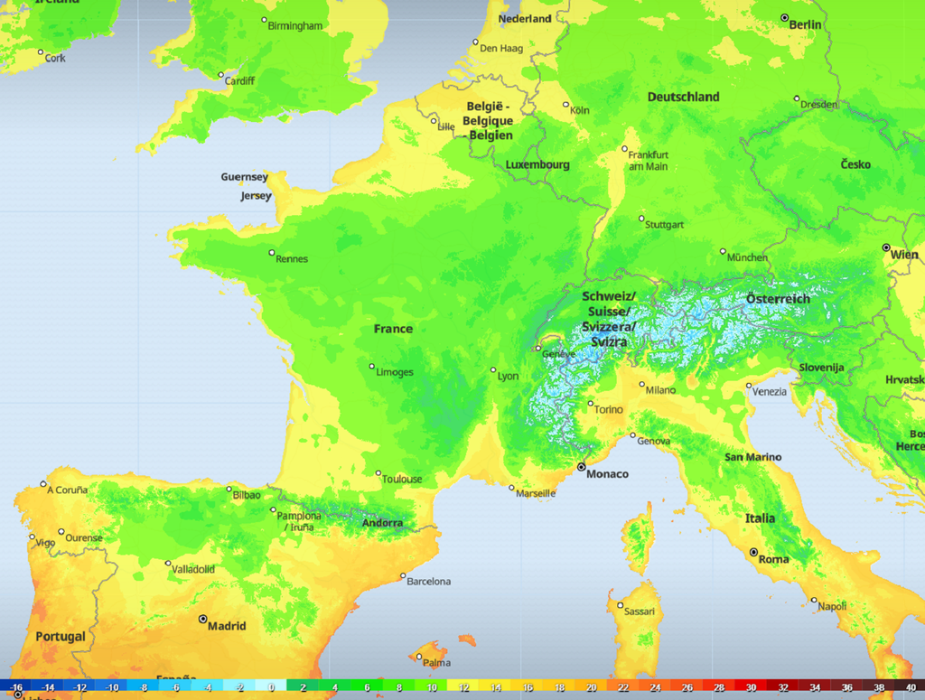 Températures minimales prévues dimanche matin, parfois inférieures à 5°C (modèle ECMWF). Températures minimales prévues dimanche matin, parfois inférieures à 5°C (modèle ECMWF).