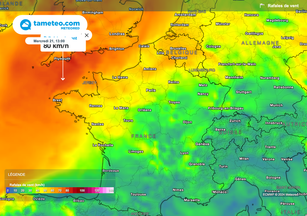 Rafales à près de 80 km/h ce mercredi dans le nord-ouest.