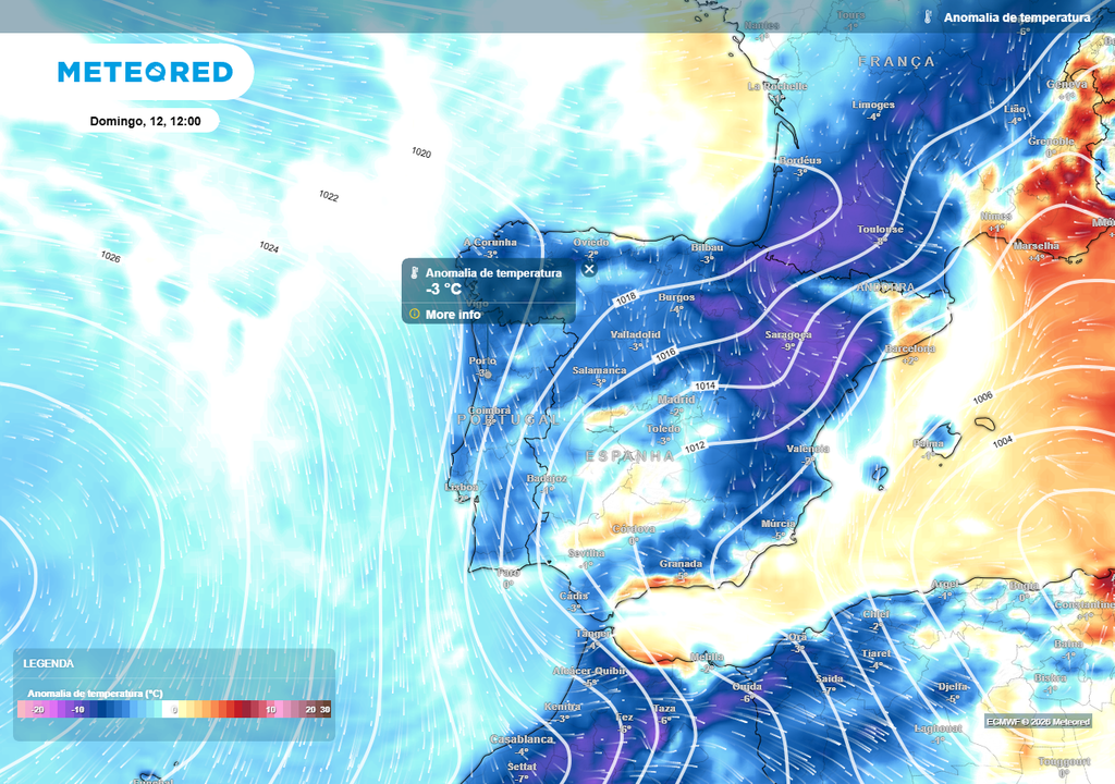 Vislumbram-se anomalias negativas da temperatura de norte a sul de Portugal continental em pleno período diurno no próximo domingo, 12 de abril, o que evidencia o espalhamento mais generalizado do ar polar sobre a nossa geografia.