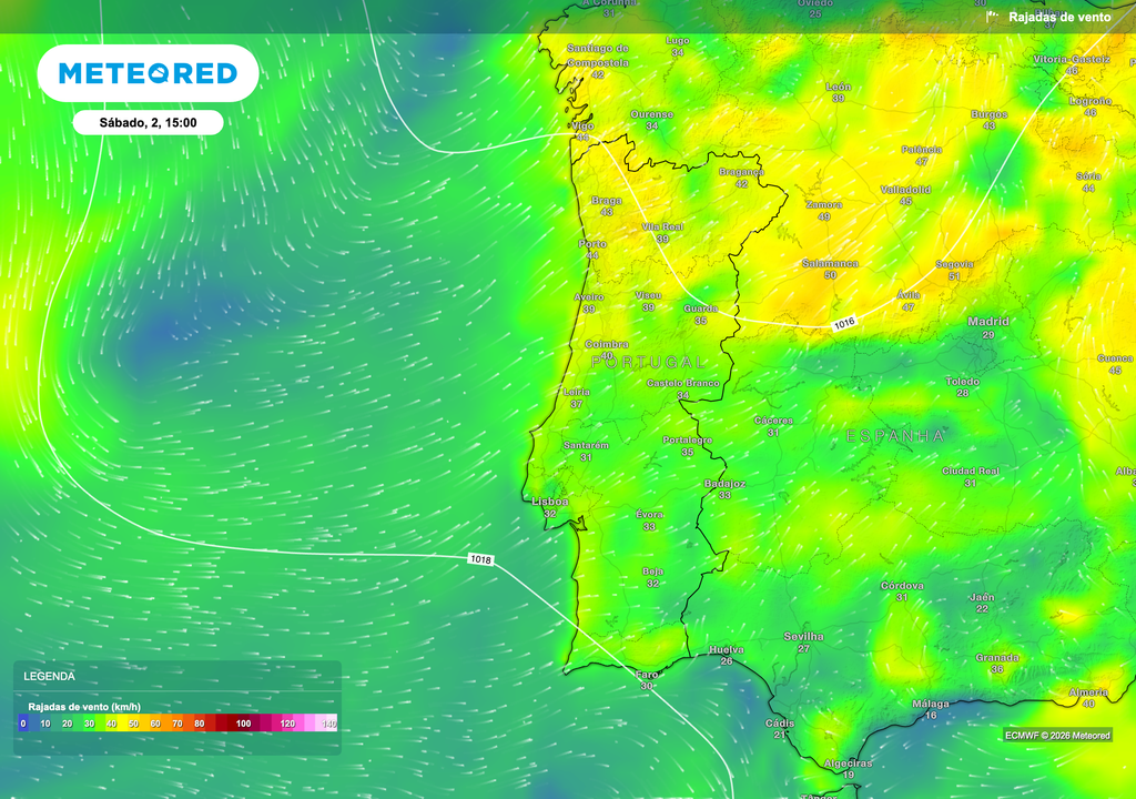 Previsão de rajadas de vento para a tarde de sábado, com valores entre 40 e 50 km/h no litoral e terras altas, associados a fluxo de sudoeste, contribuindo para limitar a subida das temperaturas e reforçar a influência marítima.