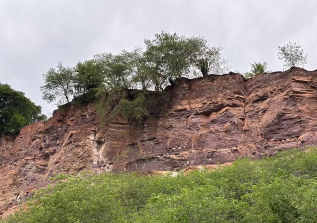 Parte da Pedreira do Bongue, em Piracicaba (SP), em que faixas mais escuras são argilito e faixas claras são arenito. Crédito: Yasmin Moscoski/G1.