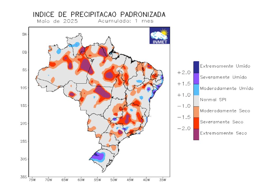 Índice de Precipitação Padronizada do Brasil para o início de Junho de 2025. Índice de Precipitação Padronizada do Brasil para o início de Junho de 2025.