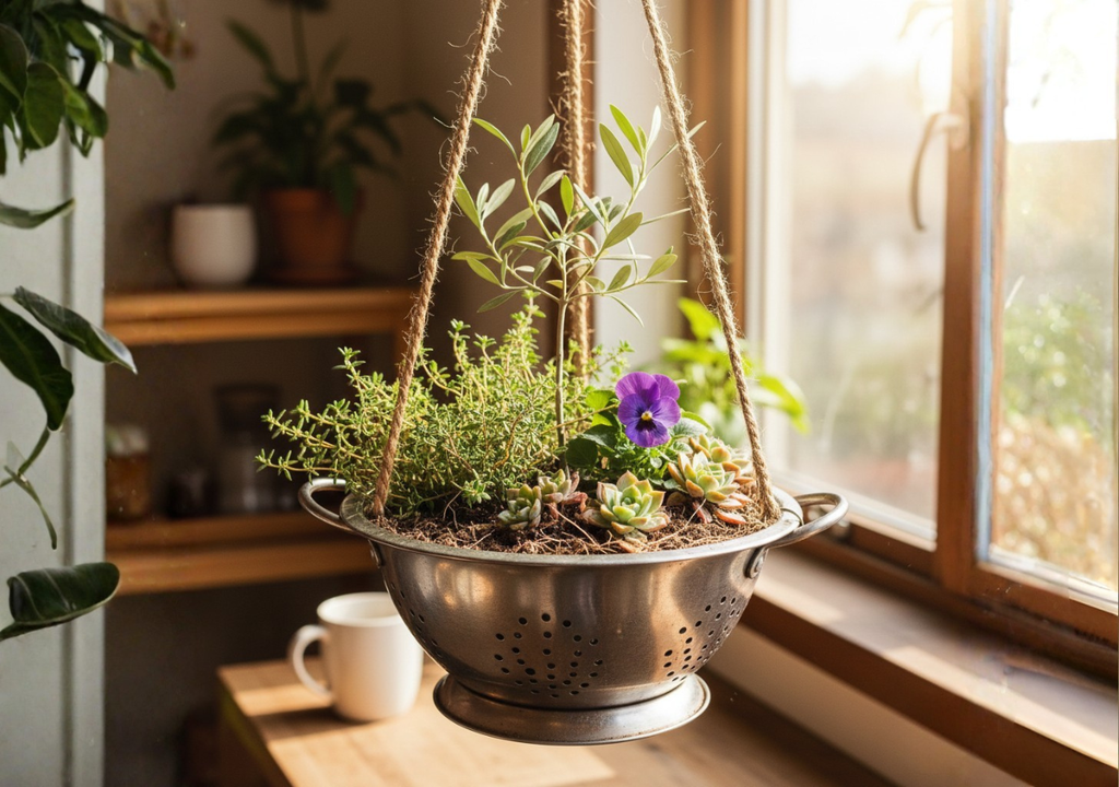 Un colador colgante funciona como macetero liviano y bien drenado, ideal para hierbas y plantas que requieren buena aireación de raíces.