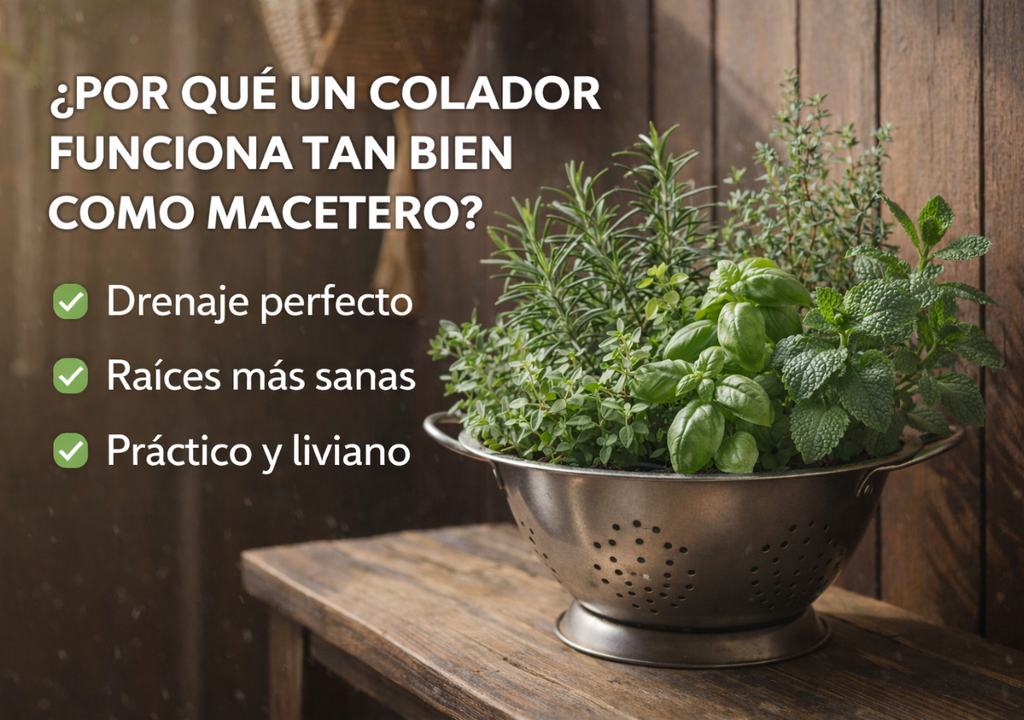 Romero, tomillo, albahaca y menta crecen mejor en coladores gracias a su excelente drenaje, que evita el exceso de agua y favorece raíces más sanas.