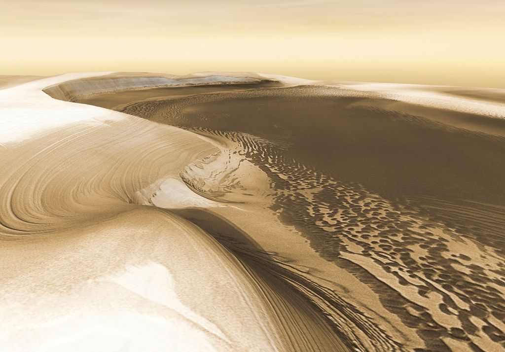 Pendant l'hiver martien, les dunes sont recouvertes d'une couche de glace sèche pouvant atteindre 2 mètres d'épaisseur.