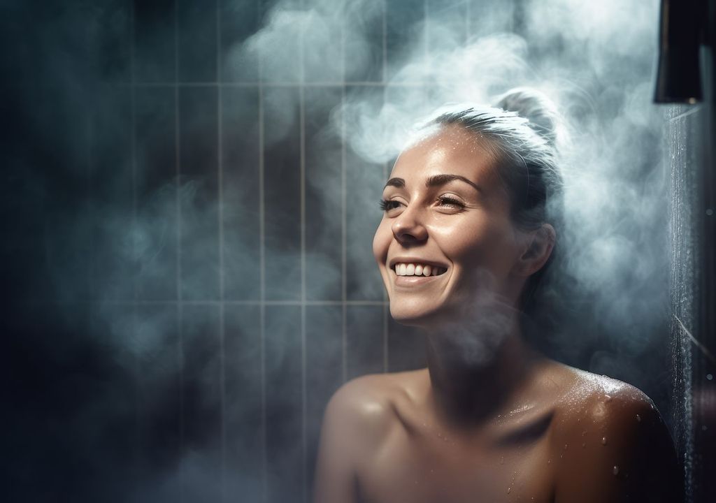 Mujer duchándose con agua caliente