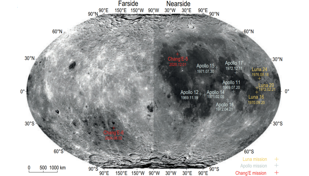 Los sitios de muestreo de las misiones Apollo, Luna y Chang´e 5 se ubican en la cara visible de la Luna, excepto la Chang´e 6 que obtuvo muestras de su cara oculta. Imagen tomada de Chunlai et al. (2024).