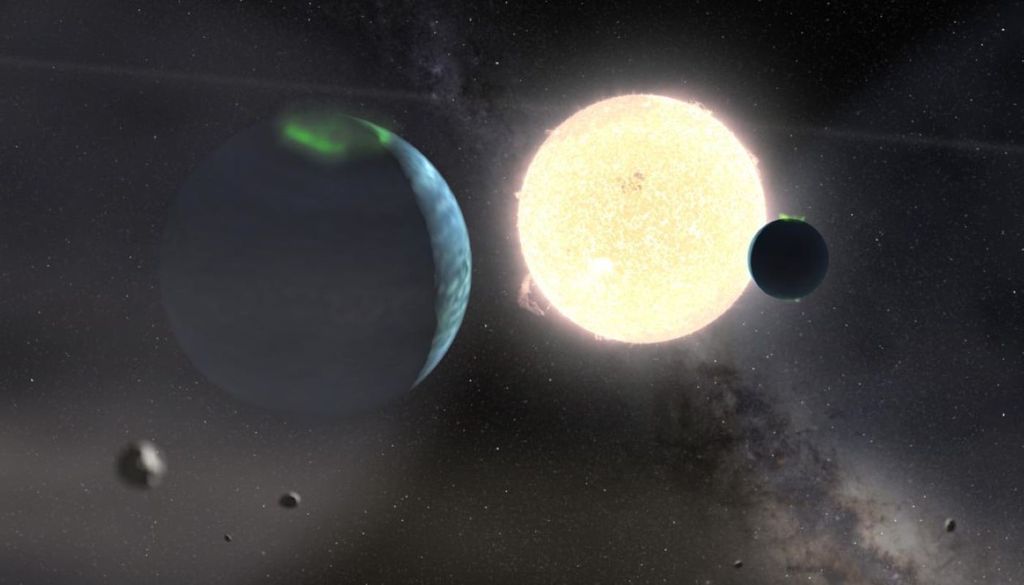 Impresión artística del sistema planetario HD 114082. Créditos: Ilustración: Gabriel Pérez Díaz (IAC); concepto: Carlos del Burgo (IAC/ULL); Antecedentes: ESO/S. brunier.