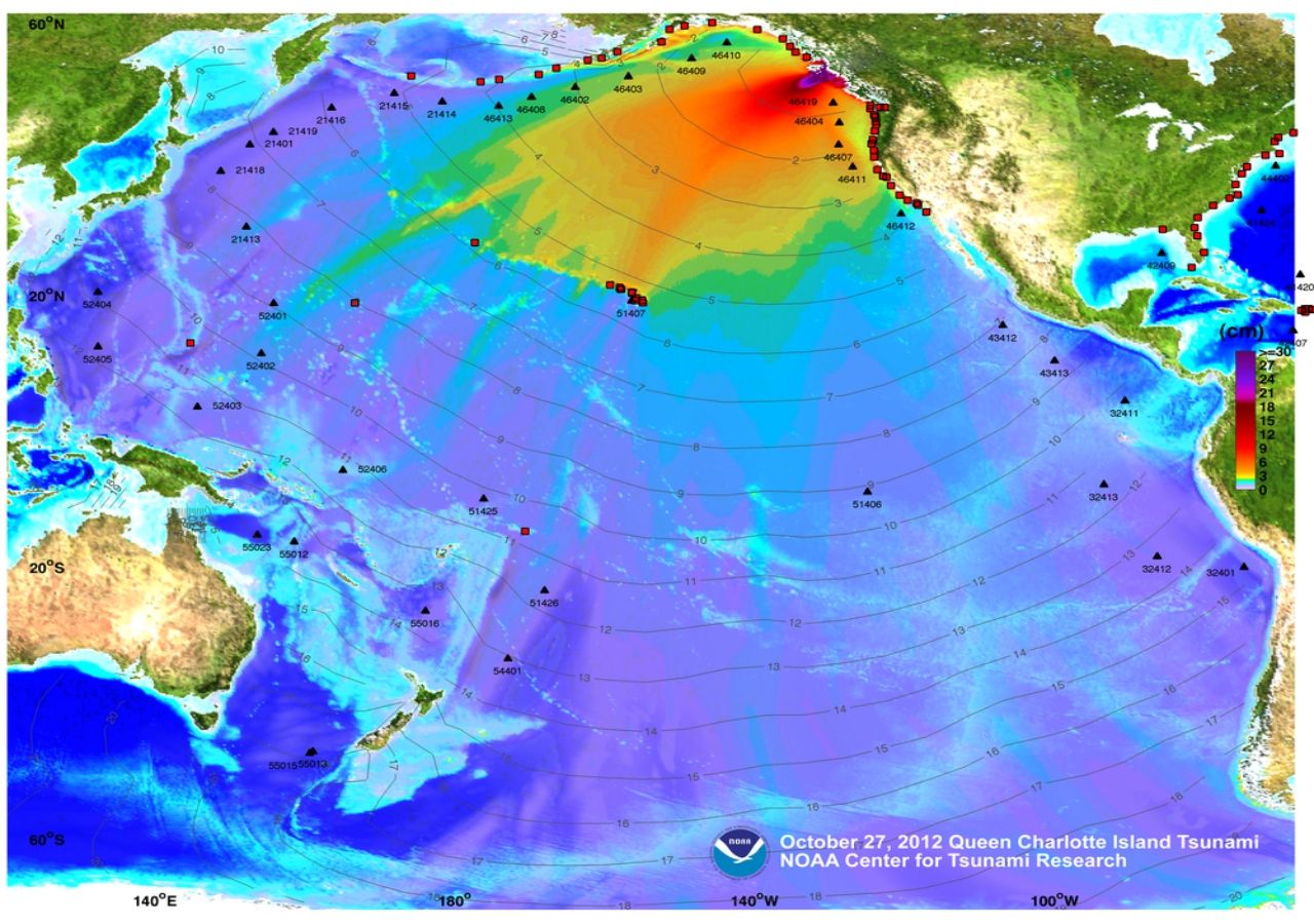 Onda de tsunami generada por el gran terremoto de la Isla Queen Charlotte ocurrido el 27 de octubre de 2012 - Imagen: NOAA
