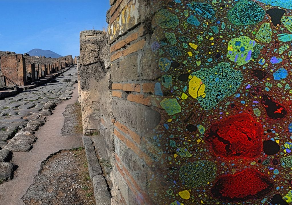 Una antigua pared de Pompeya en un yacimiento recién excavado, donde el profesor asociado Admir Masic aplicó un análisis composicional (superpuesto a la derecha) para comprender cómo los antiguos romanos fabricaban el hormigón que ha perdurado durante miles de años. Una antigua pared de Pompeya en un yacimiento recién excavado, donde el profesor asociado Admir Masic aplicó un análisis composicional (superpuesto a la derecha) para comprender cómo los antiguos romanos fabricaban el hormigón que ha perdurado durante miles de años.