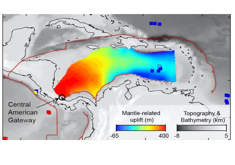Une image de la surface déformée de la Terre des Caraïbes montre son inclinaison due au manteau coulant vers l'est sous les Caraïbes qui pousse vers le haut des Caraïbes occidentales.