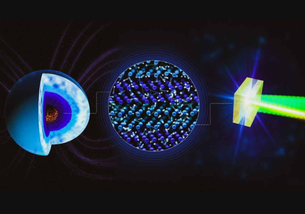 Esquema de la estructura microscópica del agua superiónica. Los átomos de oxígeno forman una red cristalina sólida, mientras que los iones de hidrógeno se mueven con libertad en su interior. Crédito: Greg Stewart/Laboratorio Nacional de Aceleradores SLAC.