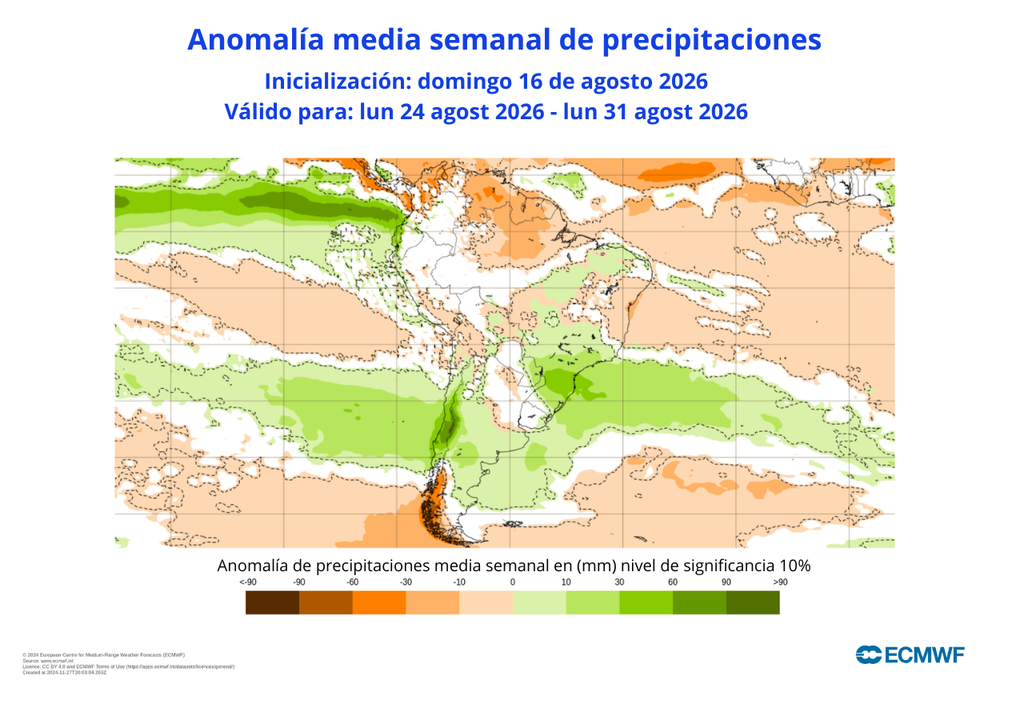 ECMWF Anomalías El modelo europeo continúa mostrando una señal de lluvias: entre el 24 y el 31 de agosto las precipitaciones serían sobre el promedio histórico en Santiago.