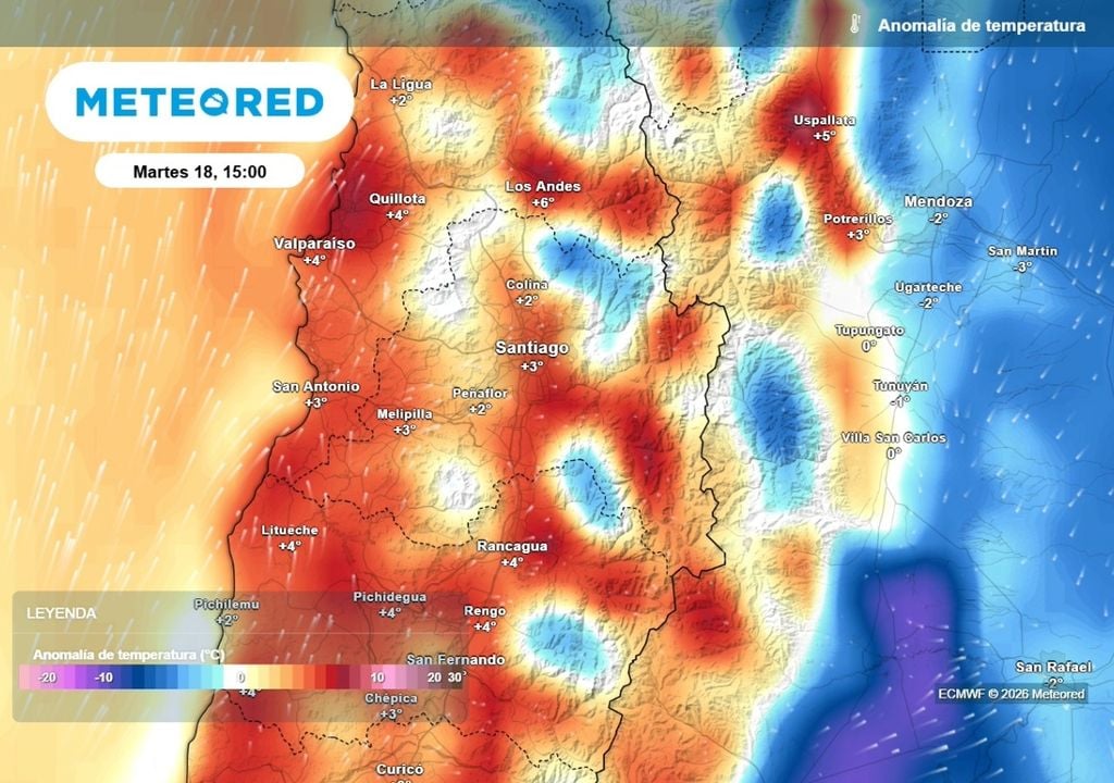 Anomalías de temperatura Mapas de anomalías del ECMWF: muestran valores sobre lo normal en la RM. El martes las máximas llegarían a los 18 °C.