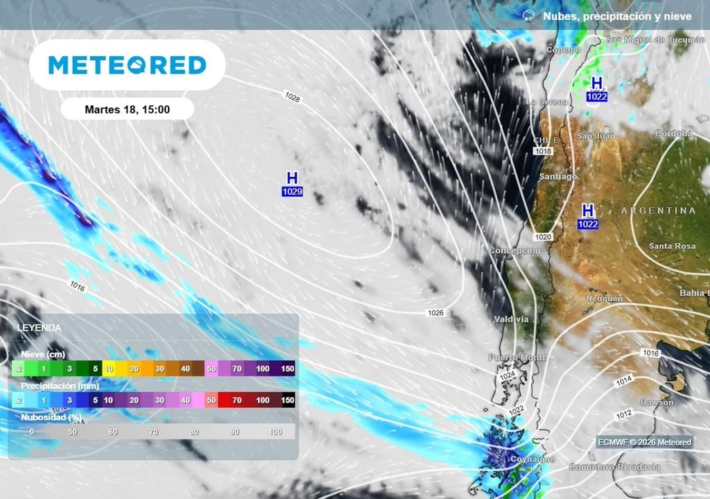 Altas presiones Si bien en el sur y norte de Chile se esperan lluvias, la zona central del país se mantendrá bajo la influencia de las altas presiones.