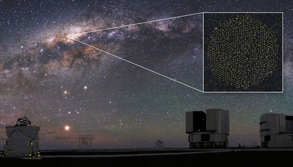 Parte del primer espectro capturado por MOONS. El recuadro muestra los espectros de cinco estrellas, que exhiben las huellas químicas del azufre (S), hierro (Fe), titanio (Ti), silicio (Si), cromo (Cr) y magnesio (Mg). Imagen: ESO/MOONS/VVV.