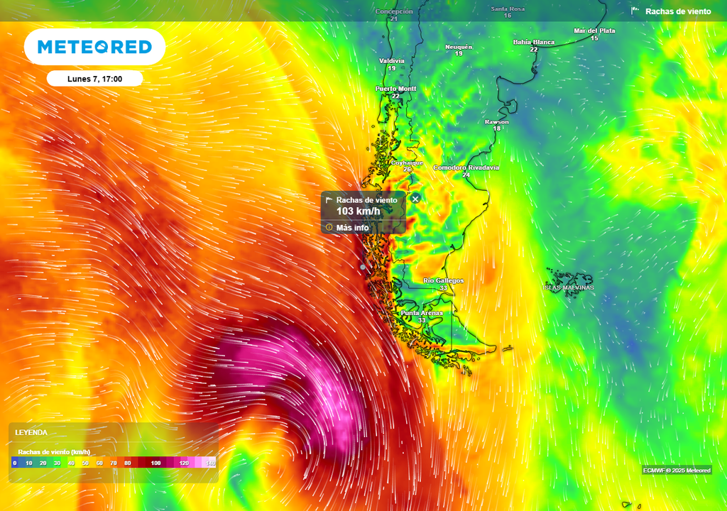 Sistema frontal en el sur de Chile, rachas de 100 km/h, Meteored