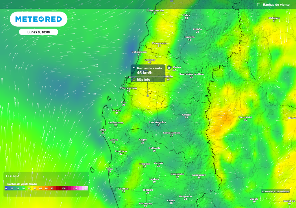 Rachas de viento sobre los 40 km/h en Chile centro sur, Meteored