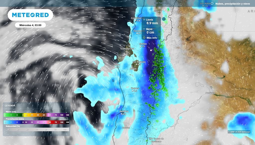 Precipitación (mm) para la madrugada del miércoles (04) en Chile centro-sur.