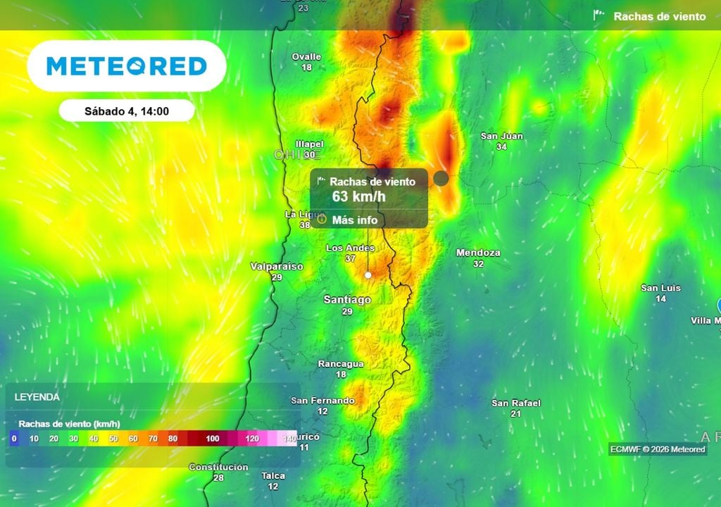 Rachas de viento Aunque en el valle no serán tan intensas, en zonas cordillernas se podrían presentar rachas de viento de hasta 60 km/h.