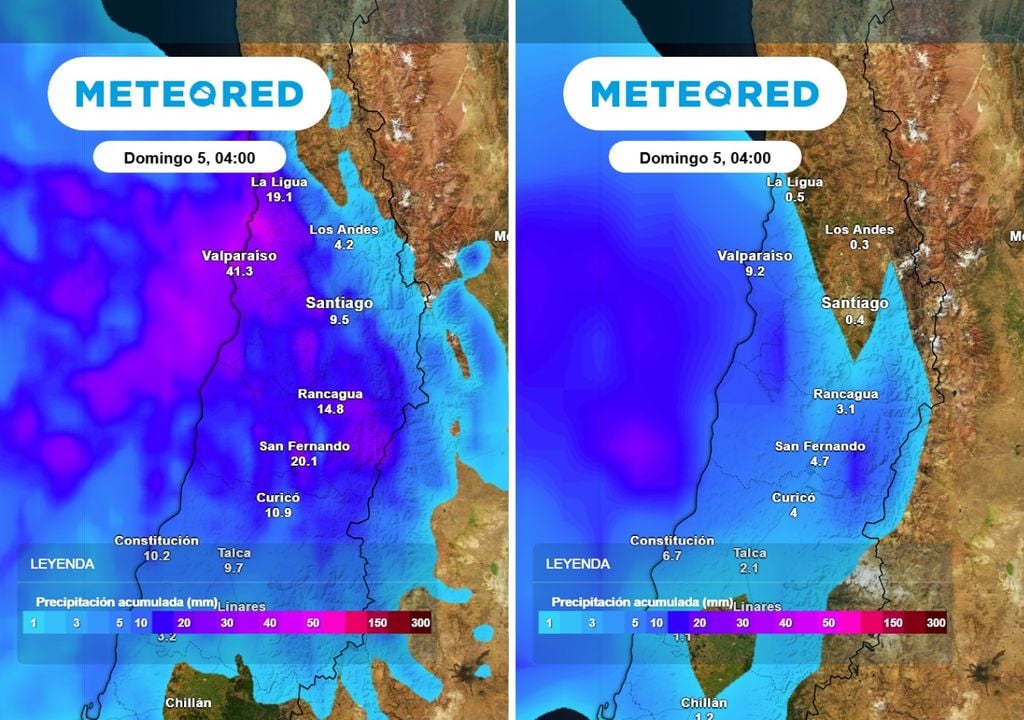 Modelos ECMWF y GFS Modelo ECMWF (imagen izquierda) prevé lluvias relevantes en Santiago, mientras el GFS (imagen derecha) indica acumulados muy discretos.