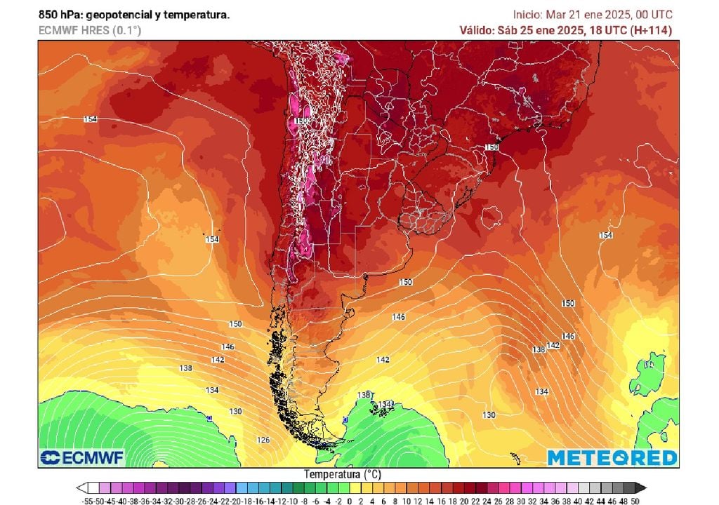 Temperatura y altura geopotencial en 850 hectopascales, Meteored, ECMWF, Chile