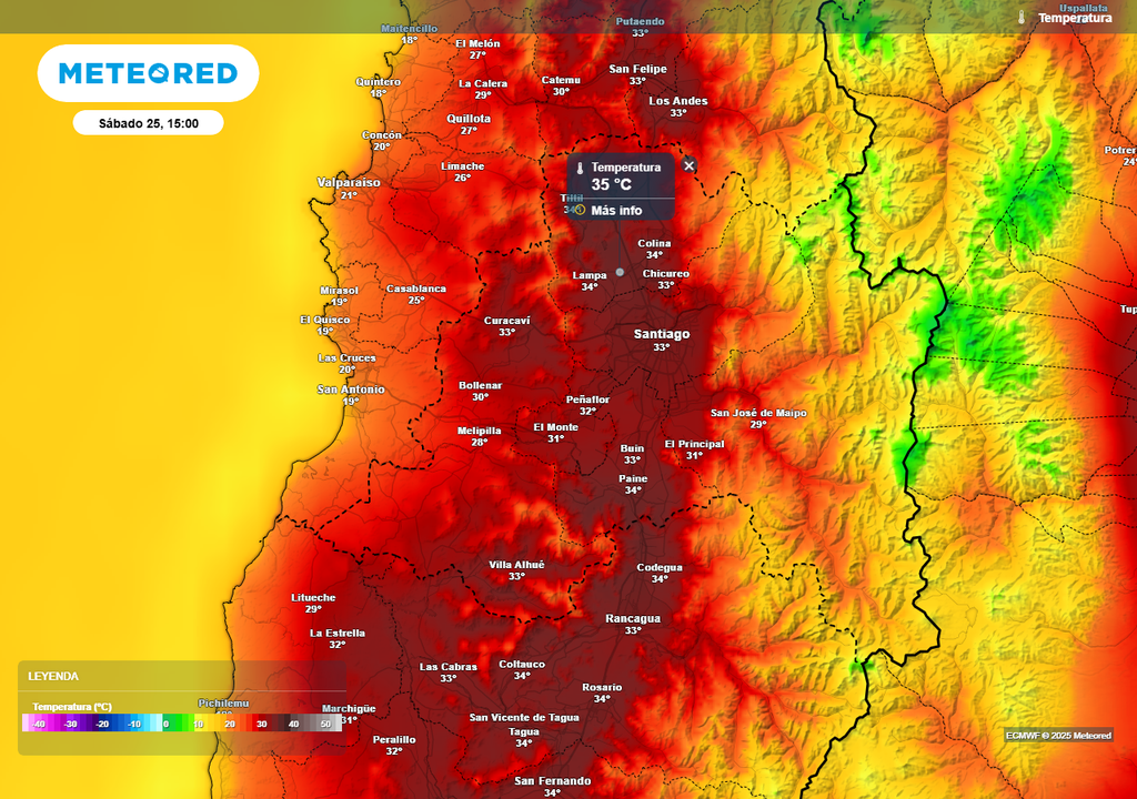 Temperatura, modelo del ECMWF, Chile, Santiago, Meteored