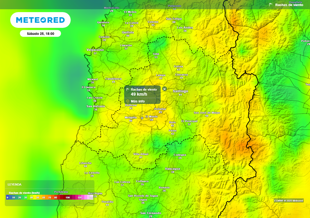 Rachas de viento, ECMWF, Chile, Santiago, Meteored