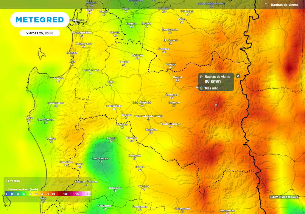 Sistema frontal con lluvias en la Región de Biobío, Meteored, Chile
