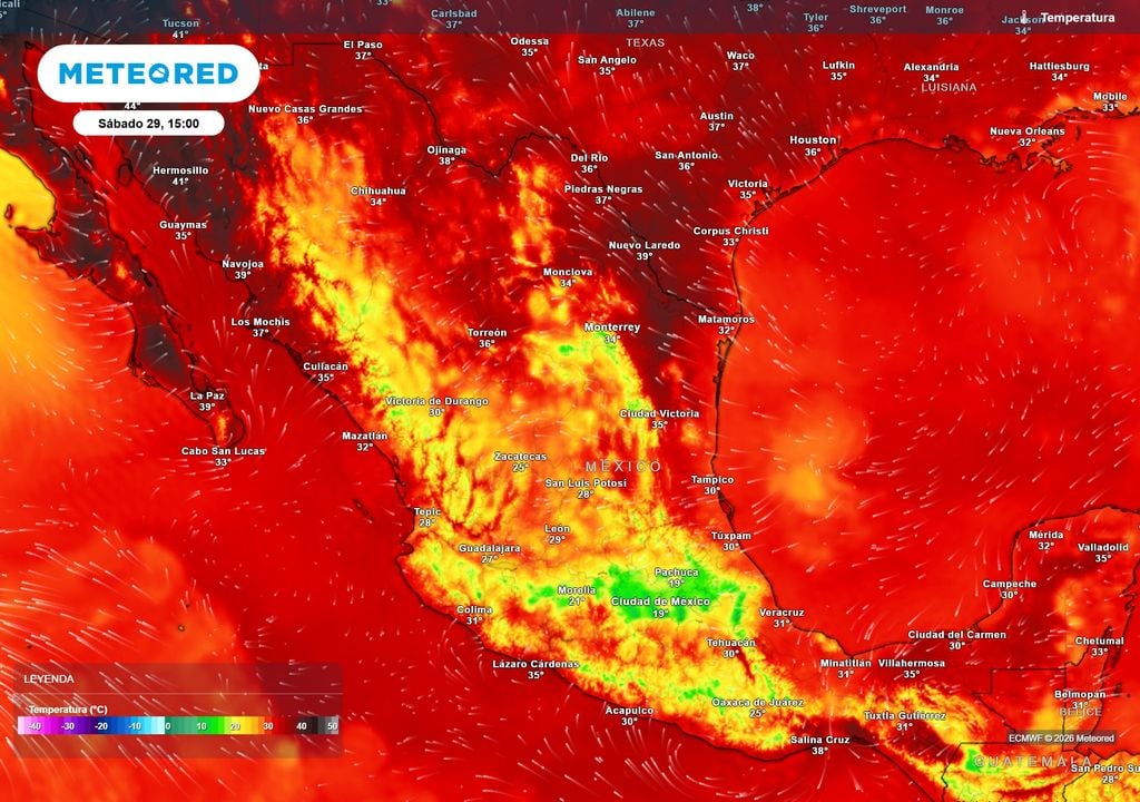 Pronóstico de temperaturas en grados Celsius Las lluvias ayudarán a regular el Altiplano con ambiente más fresco de 15-25 °C, persistiendo el calorón en el norte y sureste superando los 40 °C.